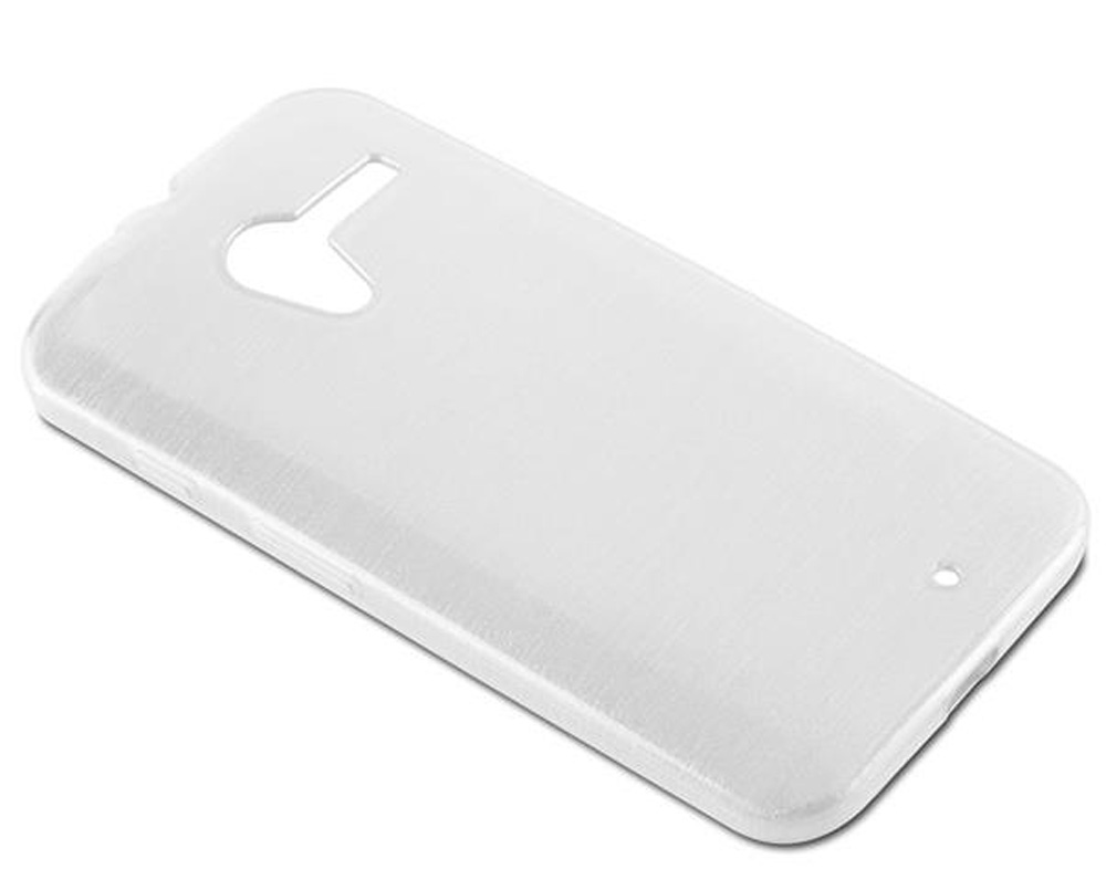 Una custodia per telefono in plastica trasparente con ritagli per fotocamera e pulsanti.