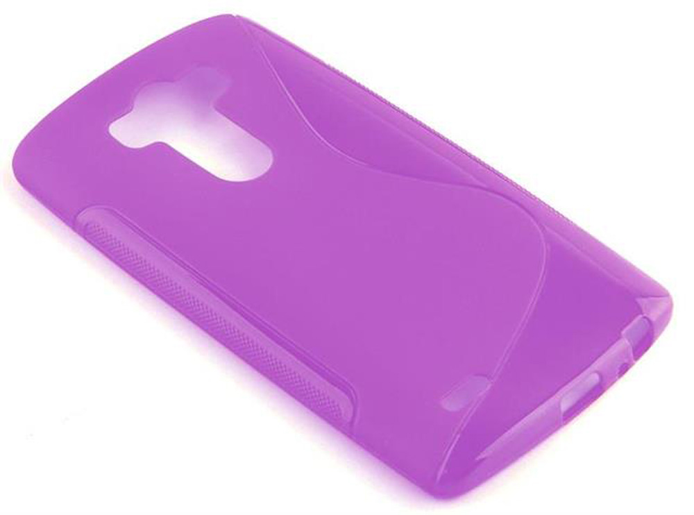Funda morada translúcida para teléfono con recortes para cámara y botones.