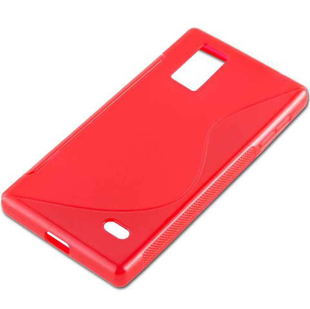 Custodia rossa per telefono con ritagli per fotocamera e porta di ricarica.