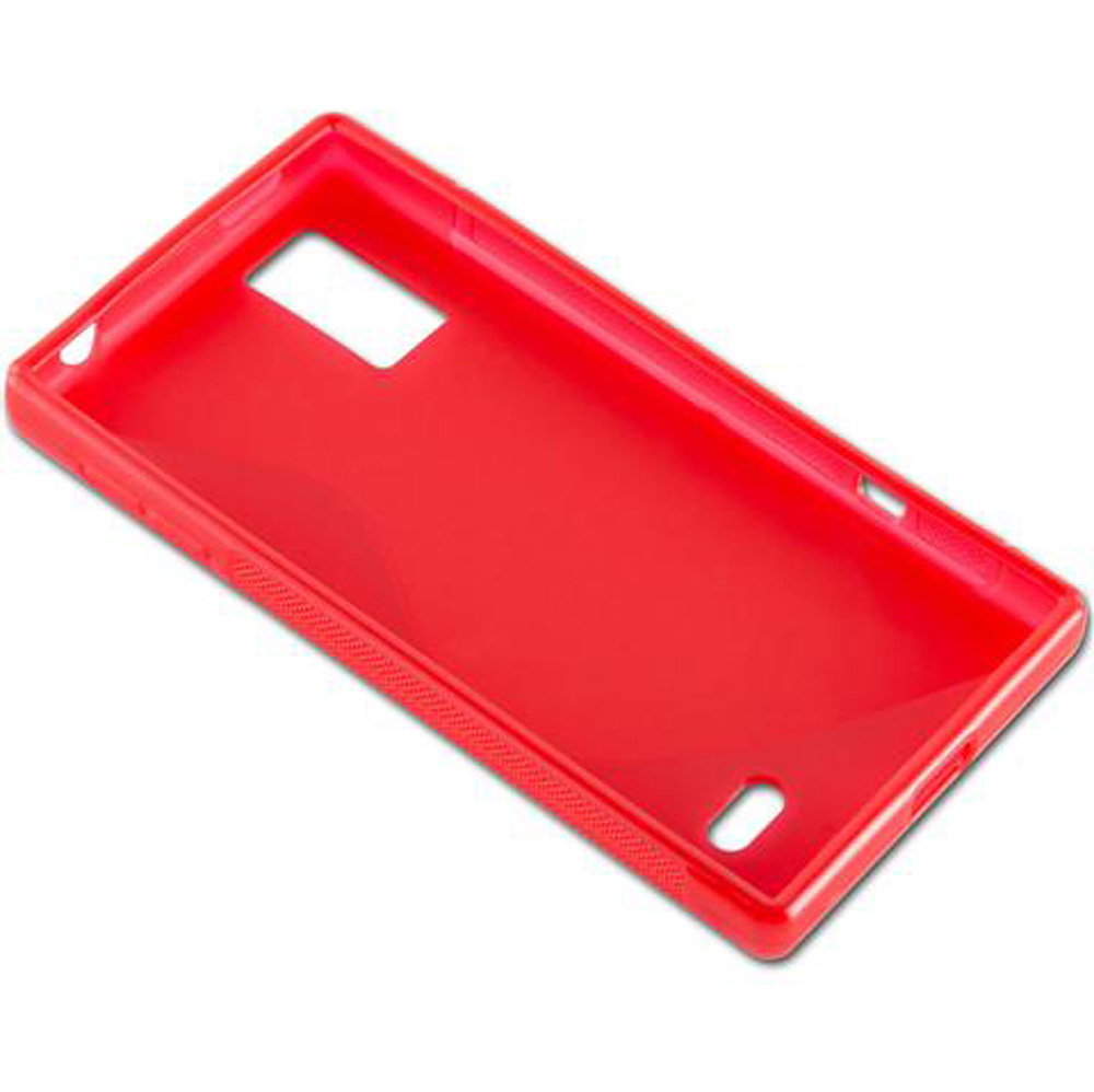 Custodia rossa per telefono con ritagli per fotocamera e porte.