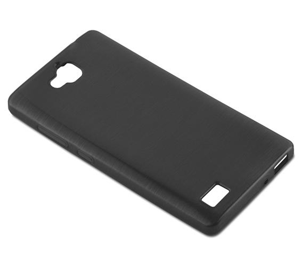 Funda de teléfono negra con textura cepillada, mostrando recortes para cámara y puertos.