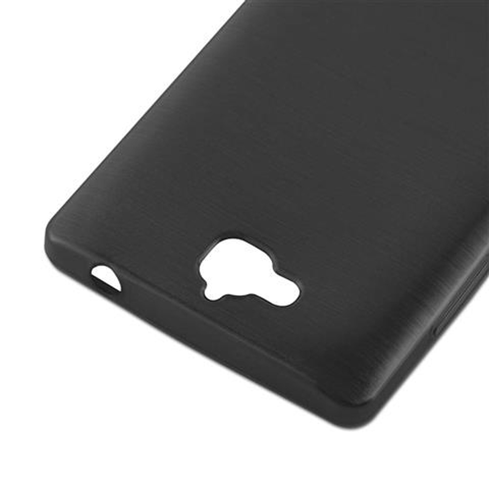 Funda de teléfono negra con recortes para cámara y botones.