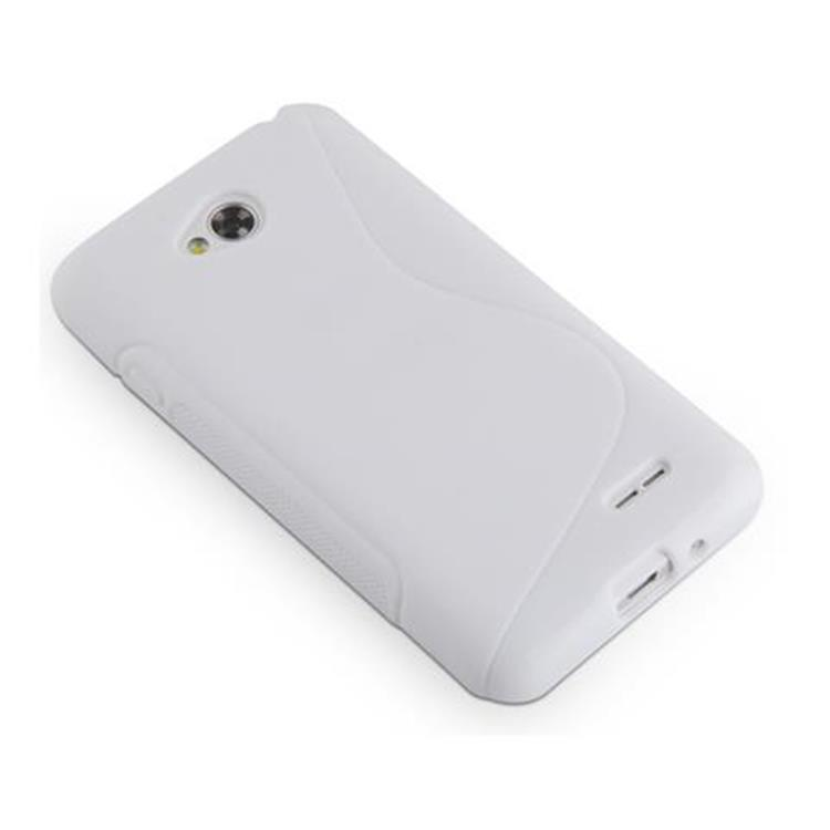 Uno smartphone bianco con modulo fotocamera e porta di ricarica su sfondo bianco.