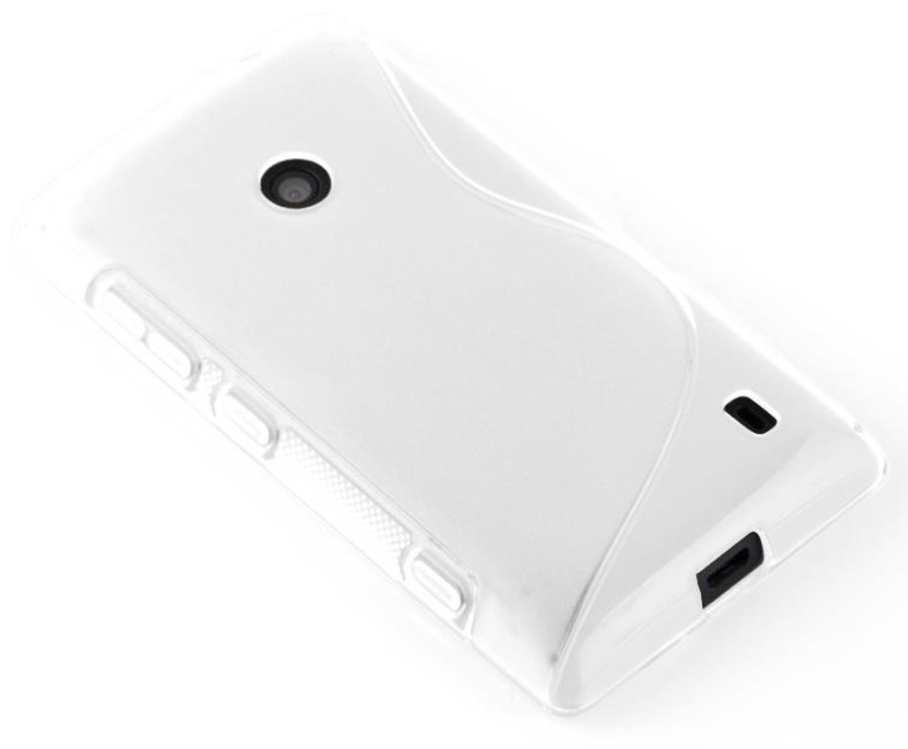 Una custodia bianca trasparente per telefono con dettagli di fotocamera e pulsanti.