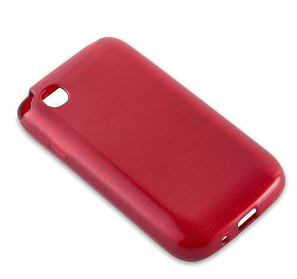 Eine rote Handyhülle mit gebürstetem Finish auf weißem Hintergrund.