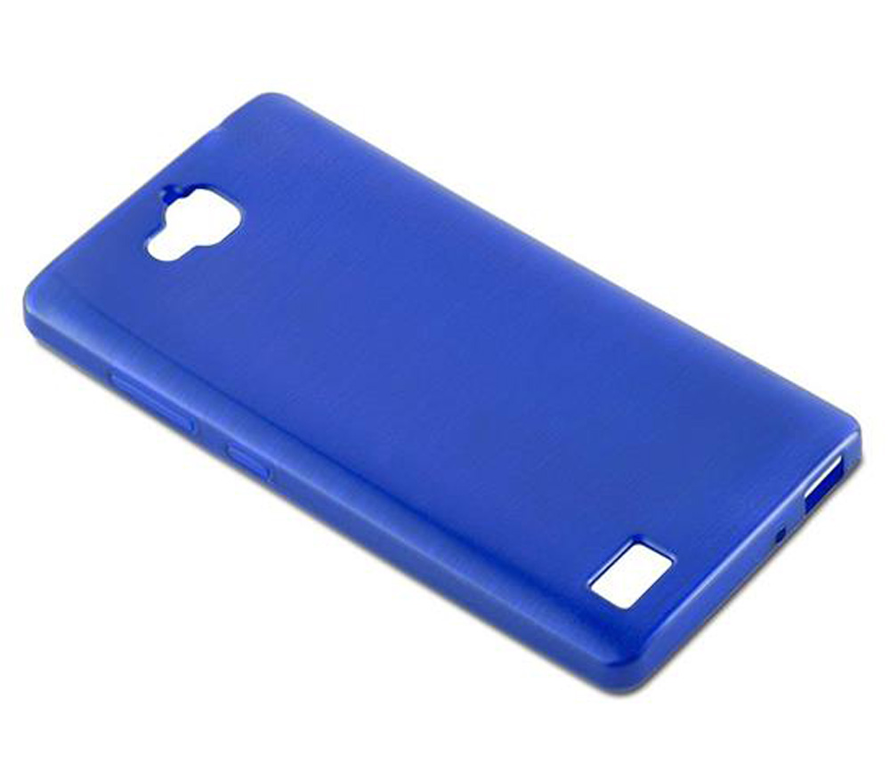 Una funda de teléfono azul con recortes para cámara y puertos.