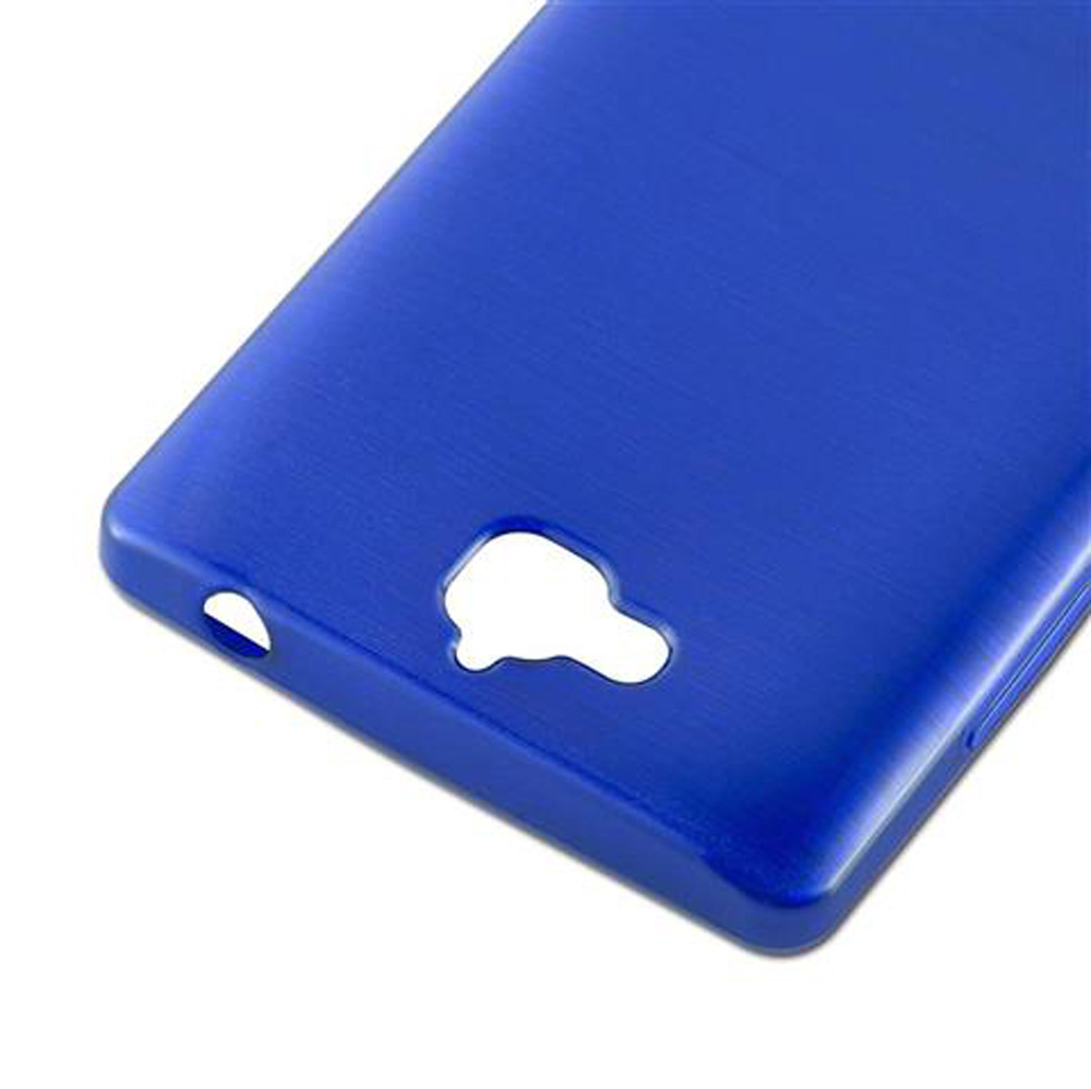 Una funda de teléfono azul con recortes para cámara y puertos.