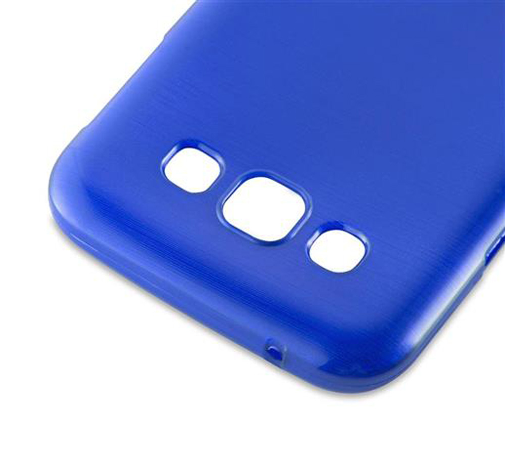 Eine blaue Handyhülle mit Aussparungen für Kamera und Blitzlicht.