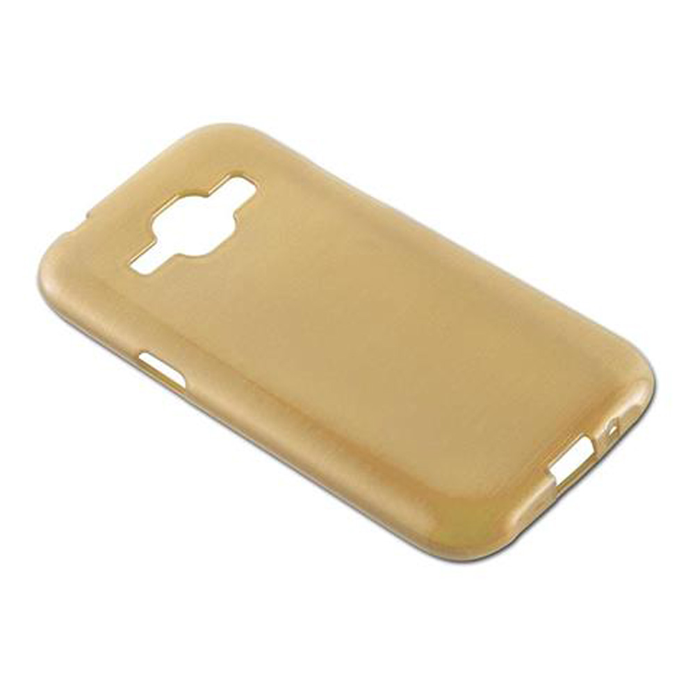 Eine goldene Handyhülle mit Ausschnitten für Kamera und Anschlüsse.