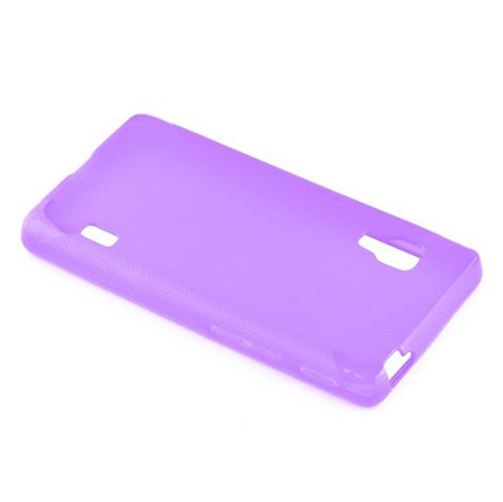 Una cover viola chiaro per telefono con ritagli per pulsanti e fotocamera.