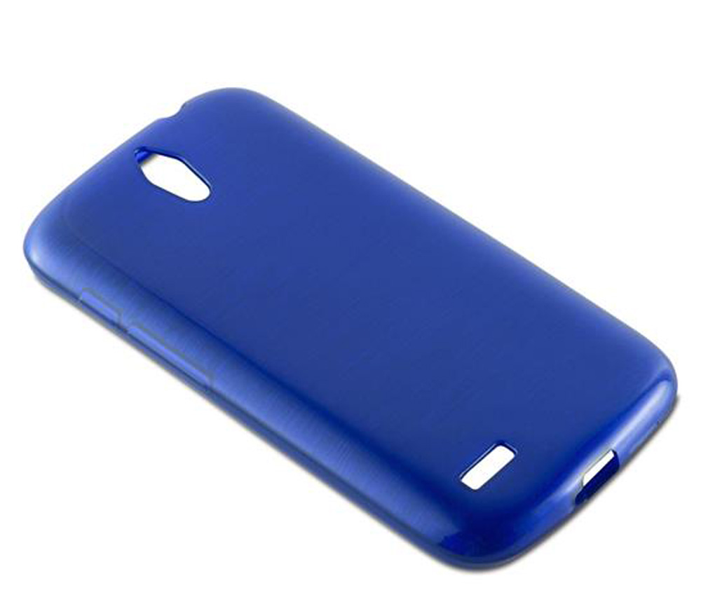 Eine blaue Handyhülle mit Ausschnitten für Kamera und Anschlüsse.