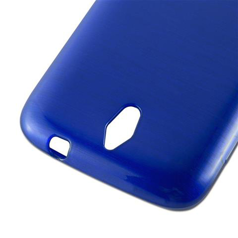 Blaue Handyhülle mit Ausschnitten für Kamera und Anschlüsse.