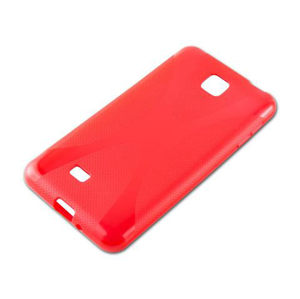 Una cover rossa per cellulare con ritagli per fotocamera e pulsanti.