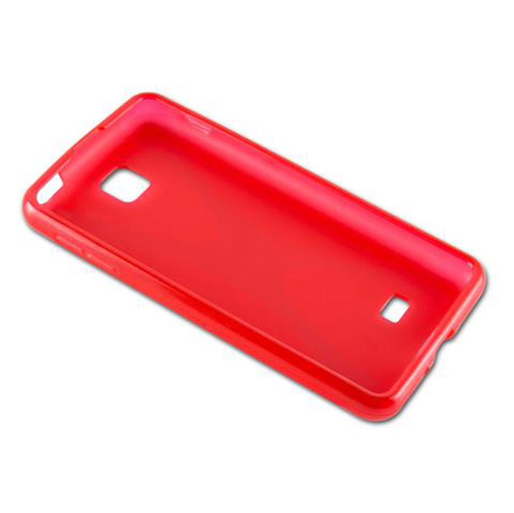 Una custodia per telefono rossa con ritagli per fotocamera e pulsanti.