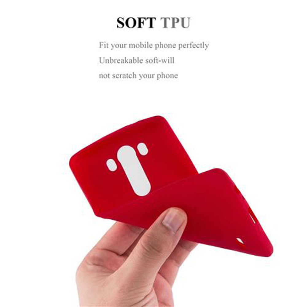 Custodia rossa per telefono con logo T bianco, tenuta in mano.
