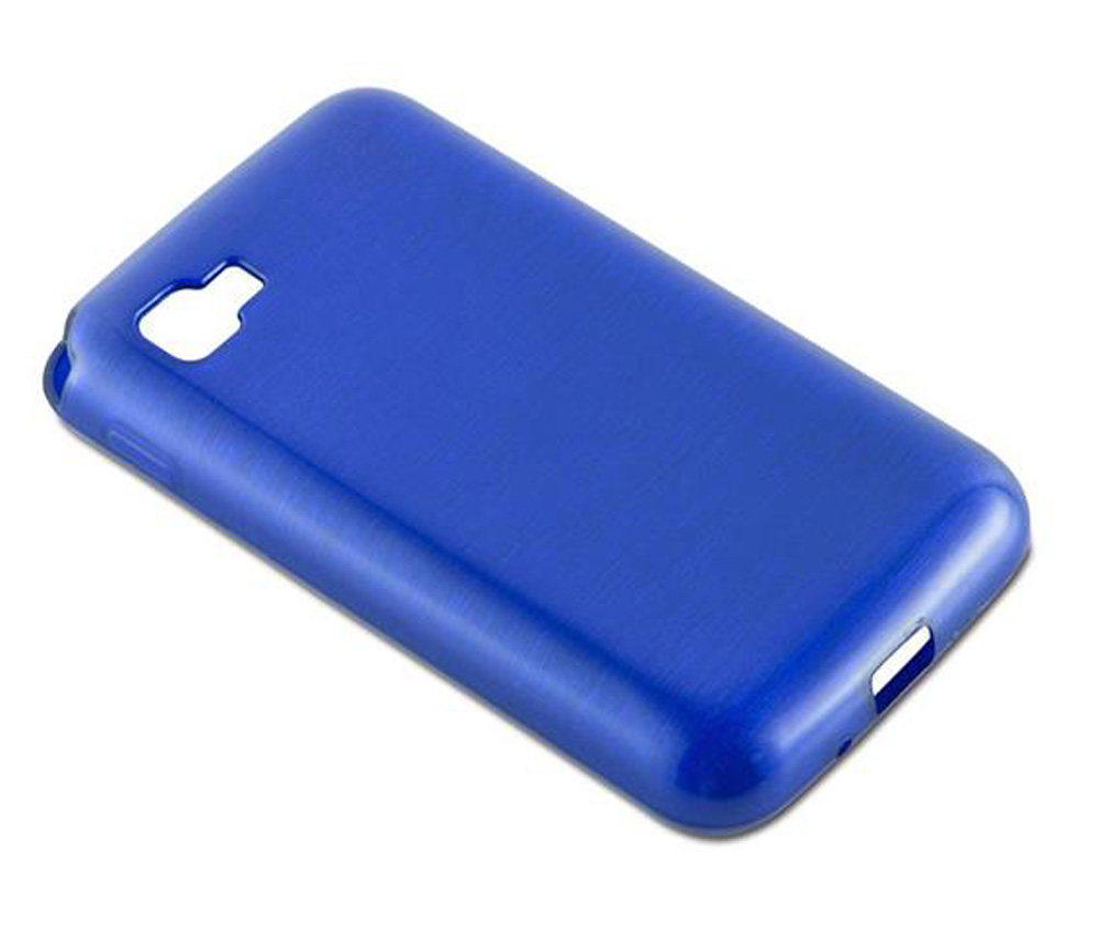Eine blaue Handyhülle mit Aussparungen für Kamera und Anschlüsse.