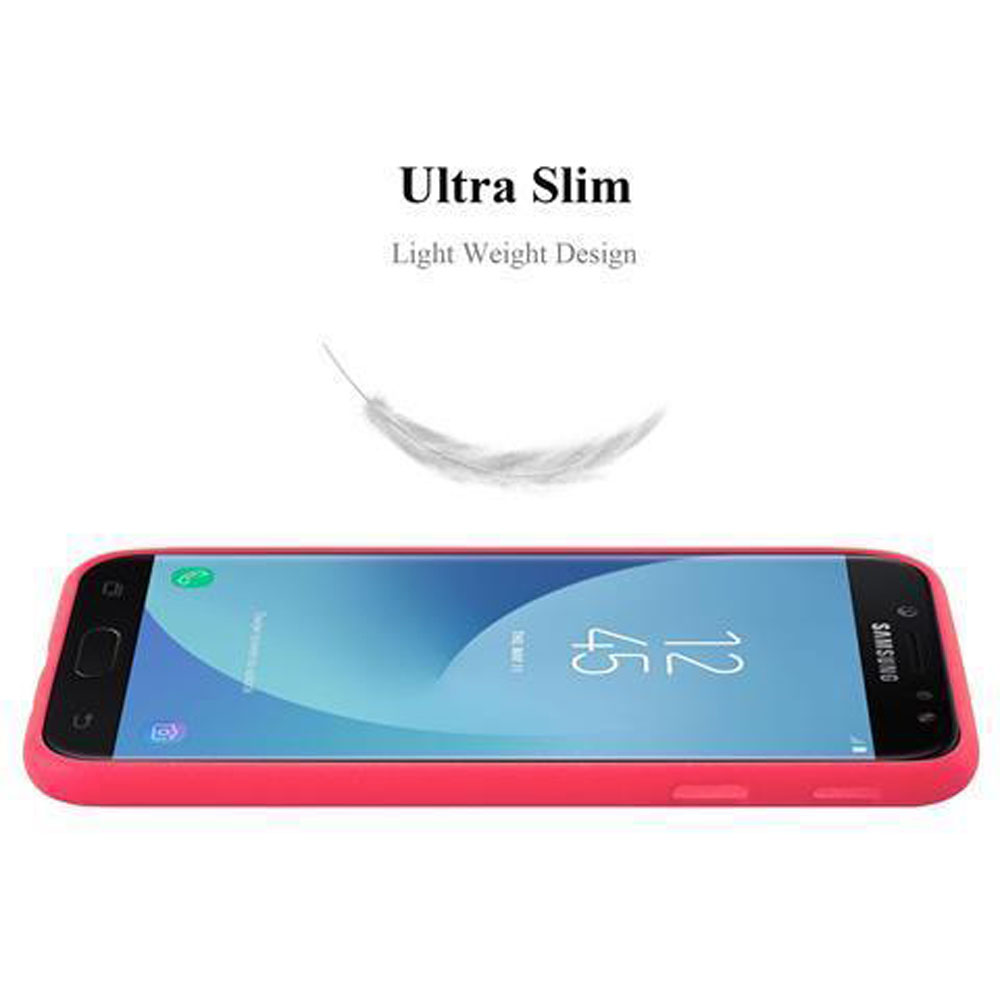 Un telefono Samsung ultrasottile e leggero in una custodia rossa.
