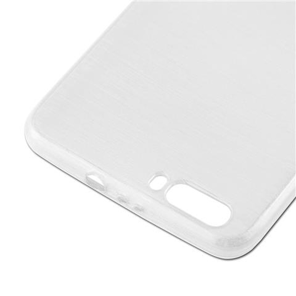 Una custodia trasparente per telefono con ritagli per fotocamera e pulsanti.