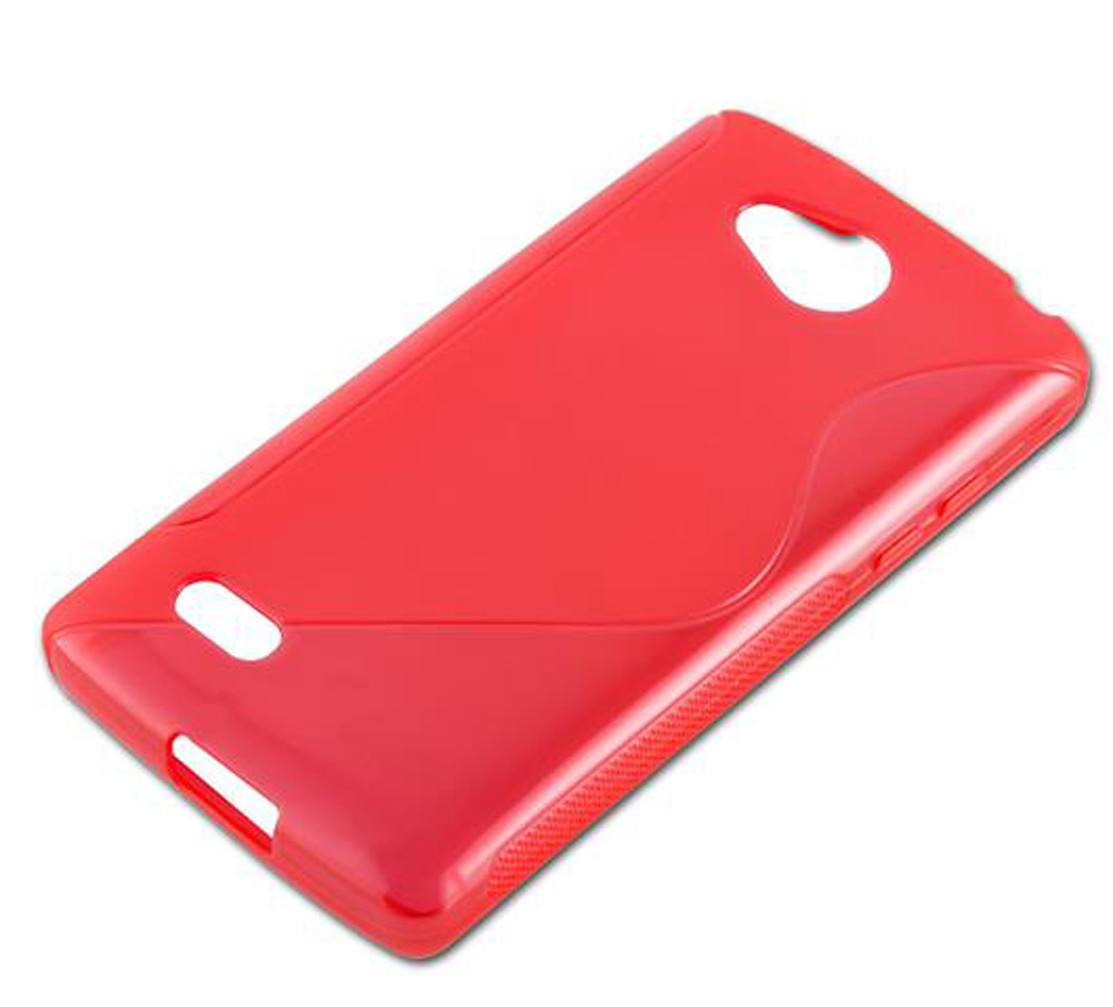 Custodia rossa per telefono con ritagli per fotocamera e porte.