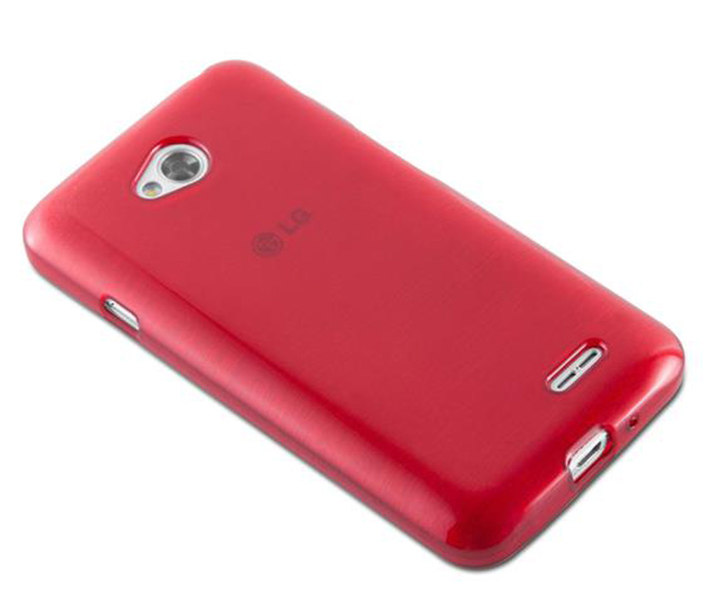 Funda roja para teléfono LG con recorte de cámara y aberturas.