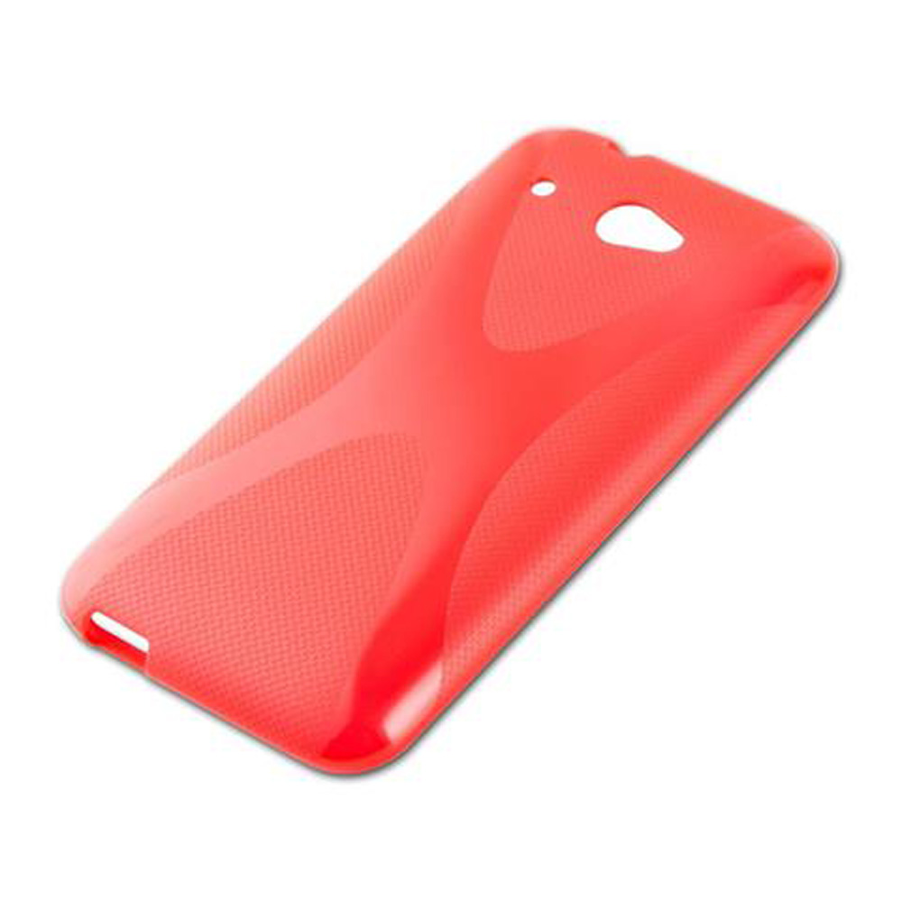 Una cover per telefono rossa con motivo testurizzato e ritagli per fotocamera e porte.