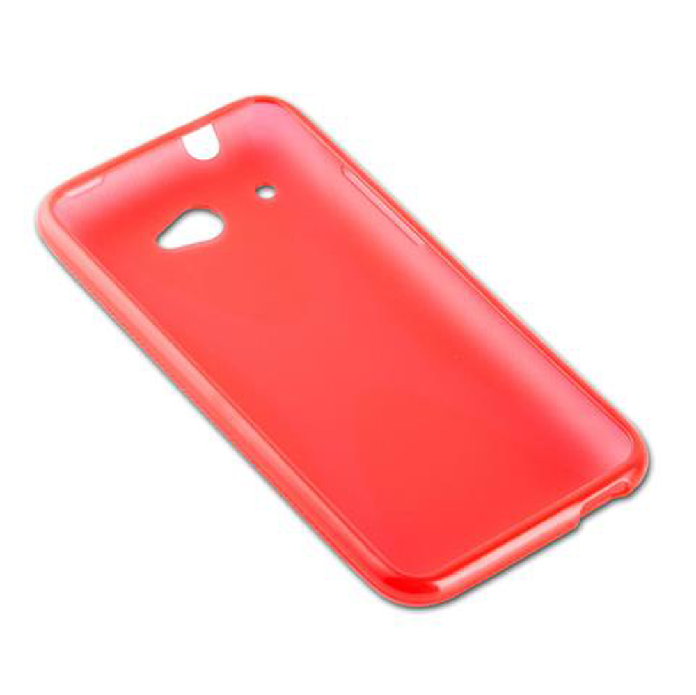 Una cover rossa in plastica per telefono su una superficie bianca.