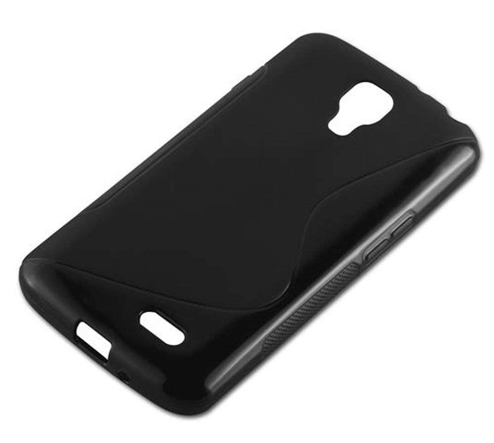Una custodia nera per telefono con ritagli per fotocamera e pulsanti.