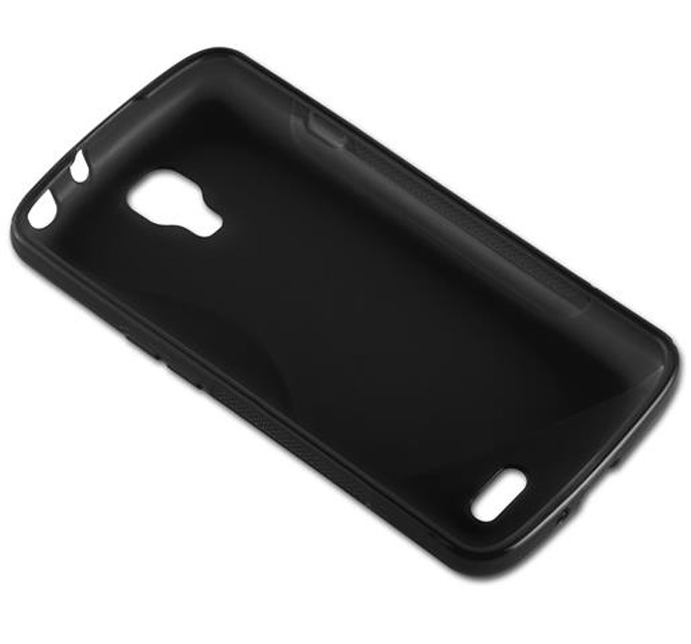 Custodia nera per telefono con ritagli per fotocamera e porte.