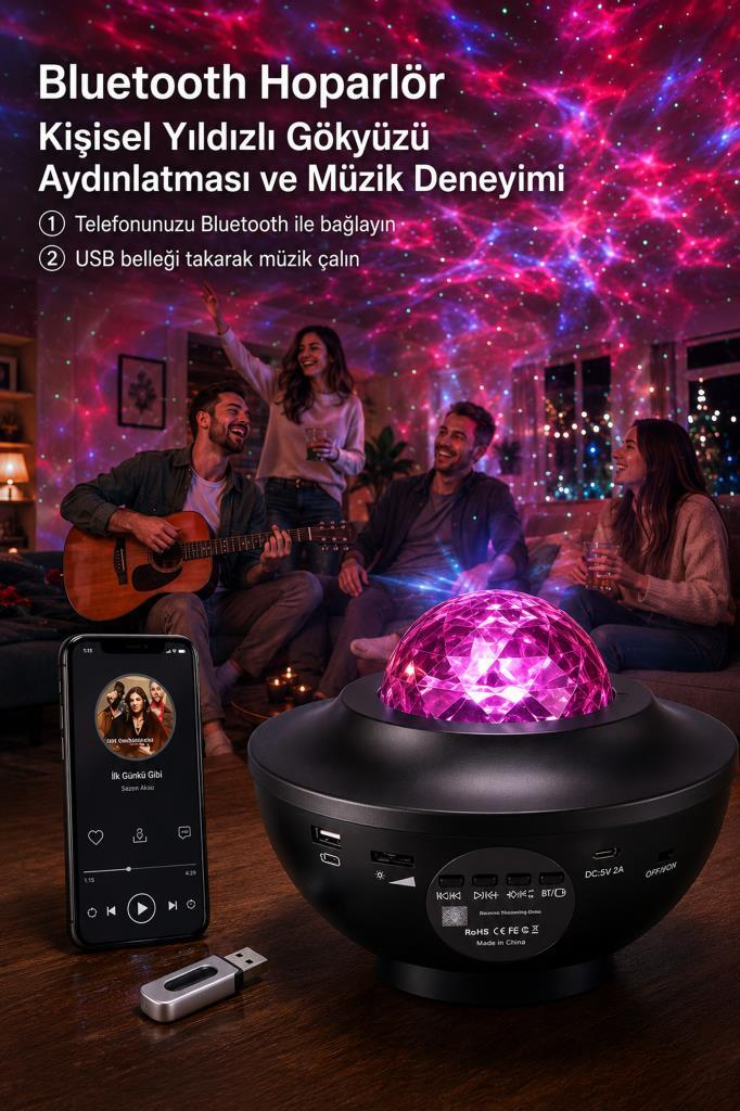 Arkadaşları Bluetooth hoparlörden müzik ve yıldızlı gökyüzü projeksiyonu dinliyor.