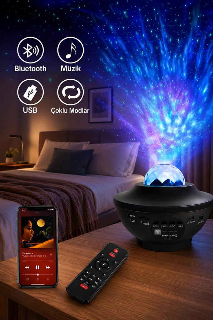 Yatak odasında Bluetooth, USB ve müzik modlarına sahip yıldız projektörü.
