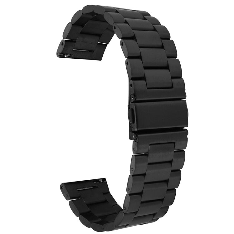 Ein schwarzes Metall-Uhrenarmband mit Gliedern, das auf weißem Hintergrund liegt.