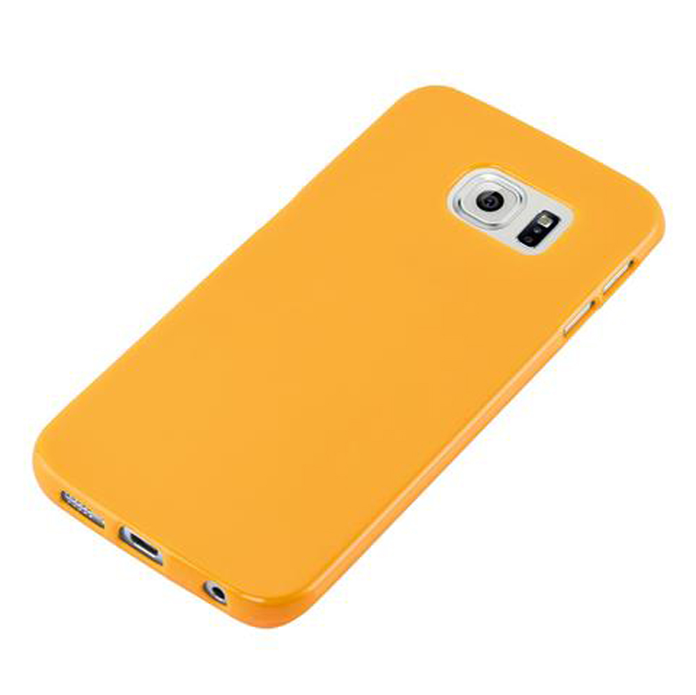 Una cover per telefono arancione brillante con modulo fotocamera e porte.