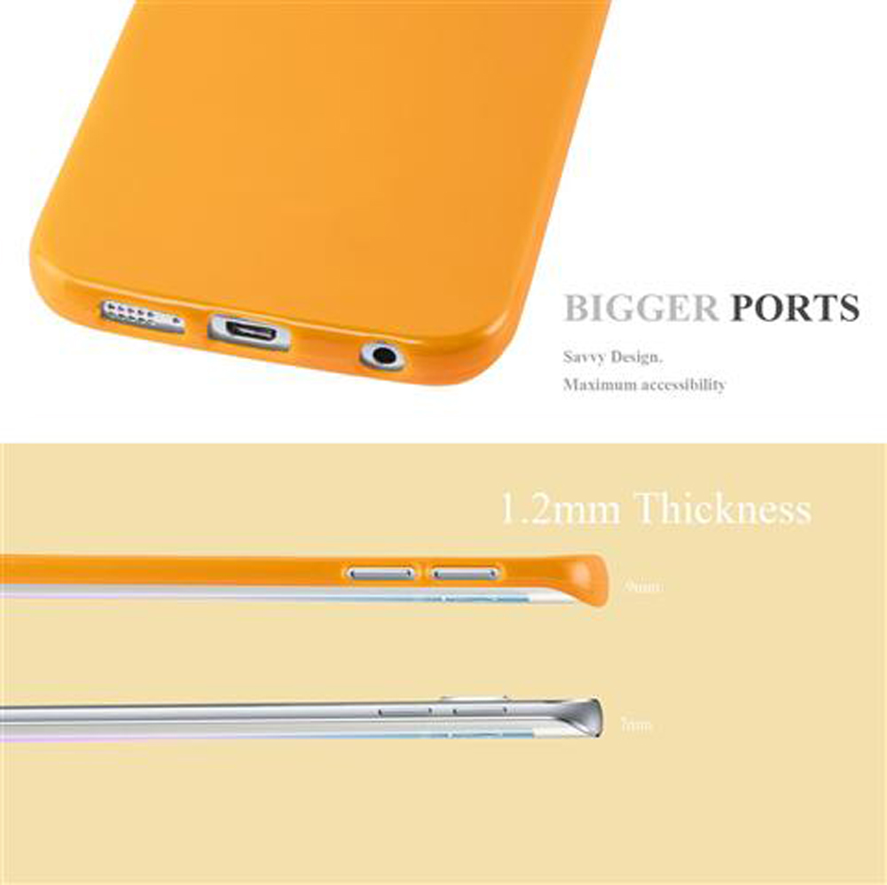 Custodia arancione con porte più grandi e spessore di 1,2 mm rispetto a una custodia sottile.
