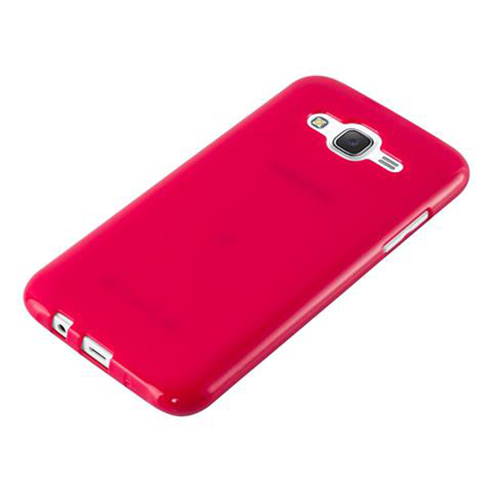 Una custodia per telefono rosso vivo con apertura per fotocamera e flash.