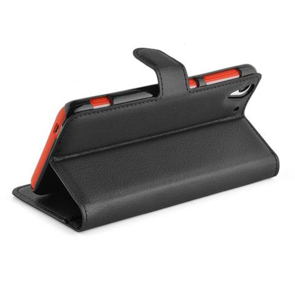 Custodia a libro in pelle nera per smartphone con bordo rosso.