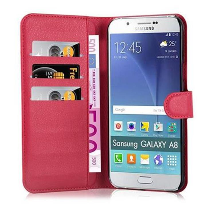 Ein rotes Portemonnaie-Etui mit einem Samsung Galaxy A8 Smartphone und Geldscheinen.