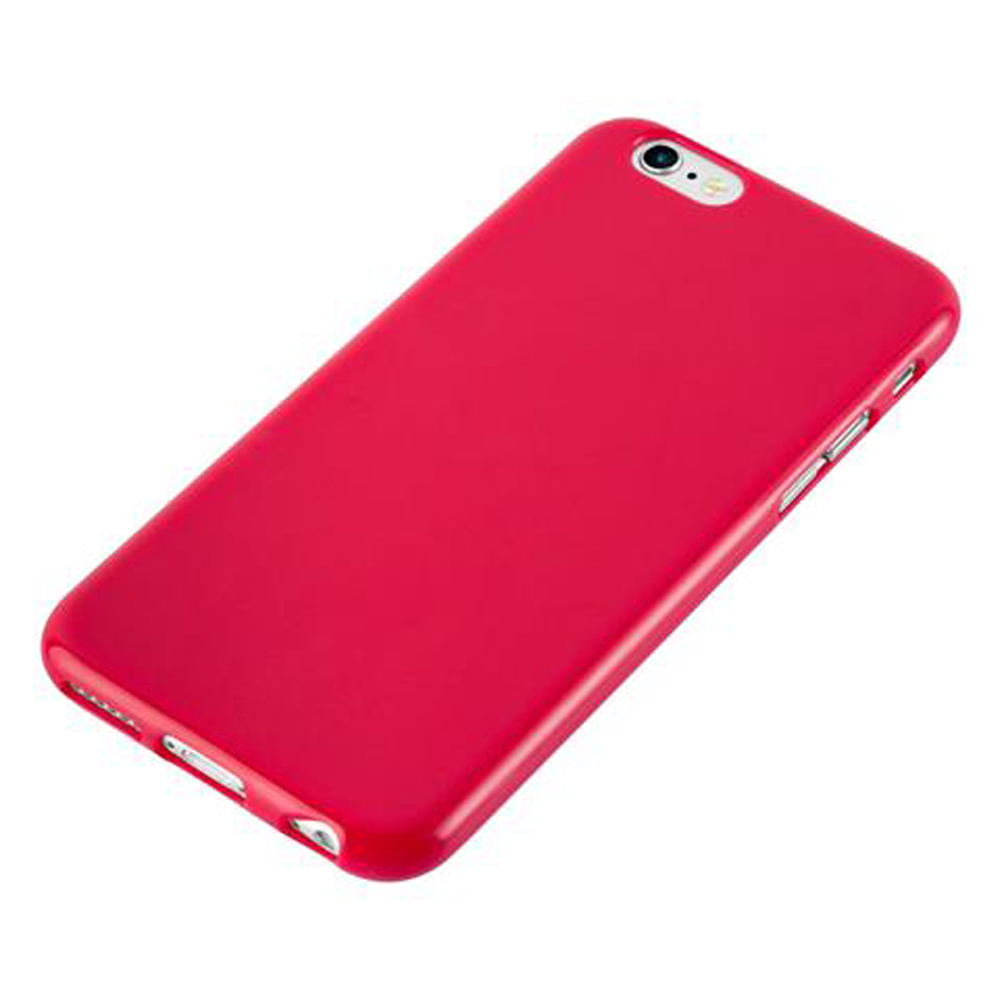 Una cover rossa per telefono giace su sfondo bianco.