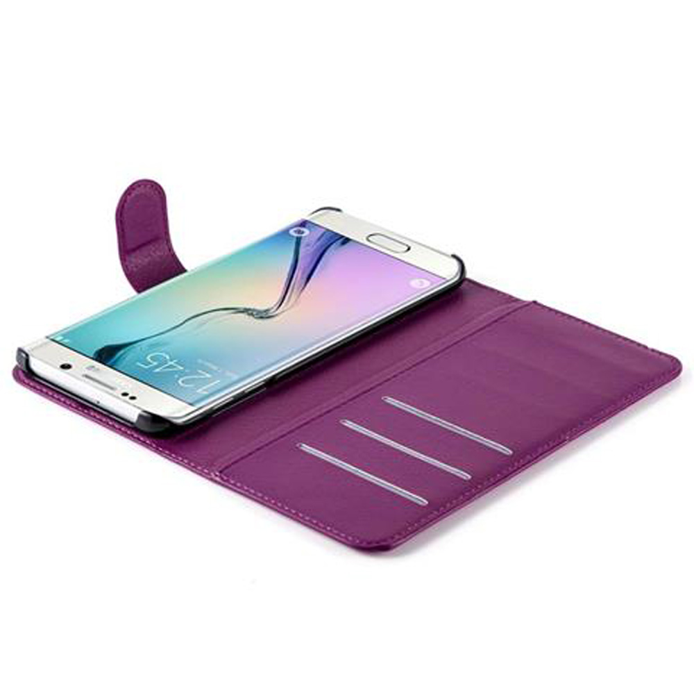 Custodia viola aperta con smartphone che mostra le 12:45.