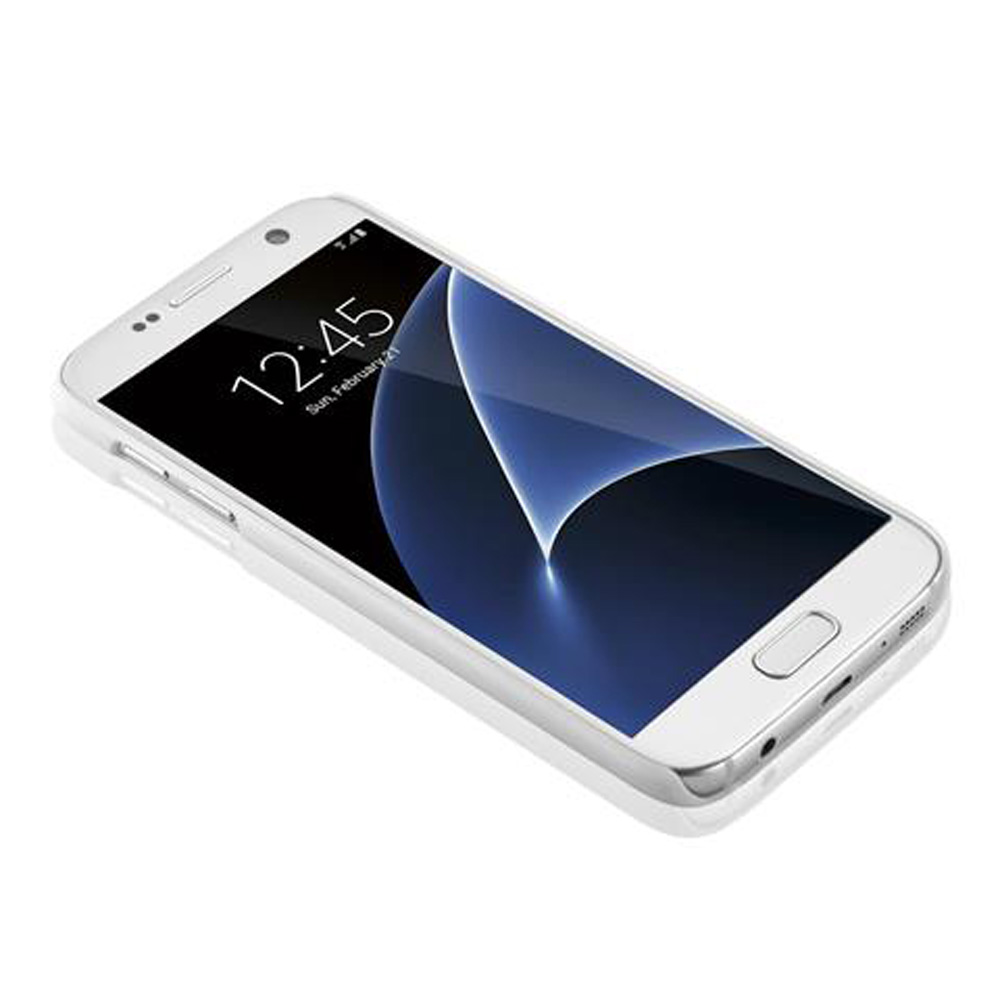 Ein weißes Smartphone mit silbernem Rahmen und blauem Hintergrundbild.