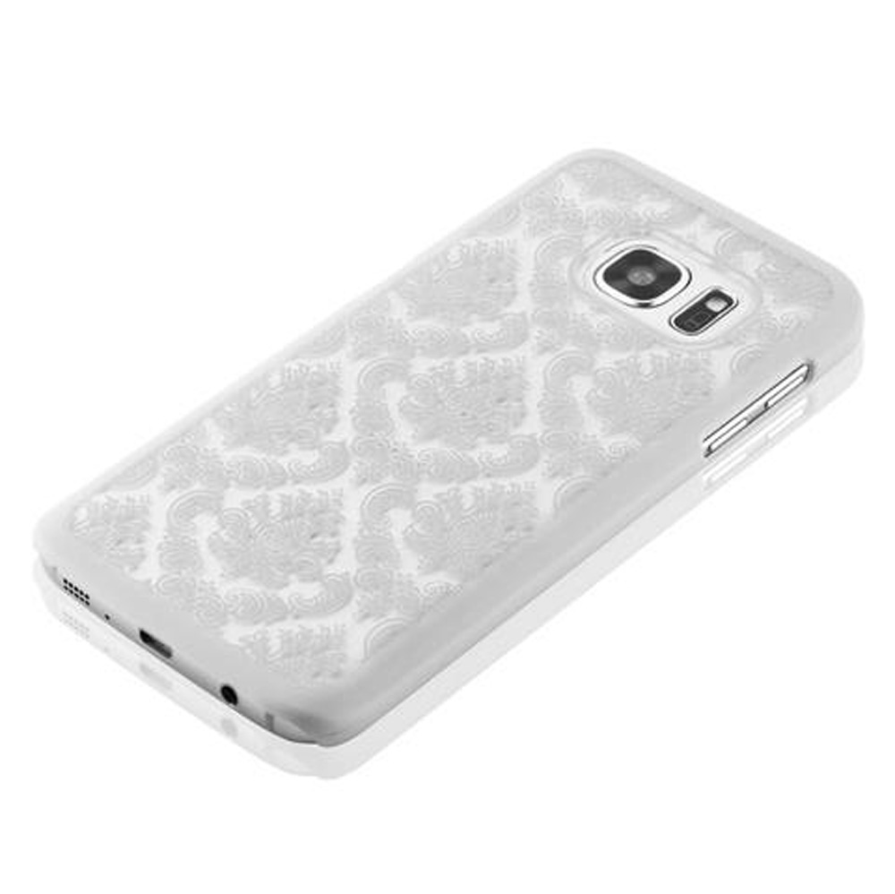 Ein weißes Smartphone mit einem durchsichtigen Hülle mit Ornamenten.