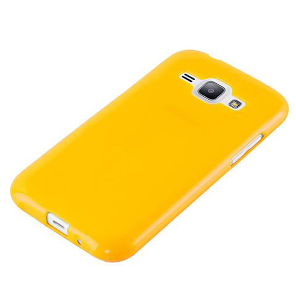 Una cover gialla per telefono con obiettivo e altoparlante sul retro.