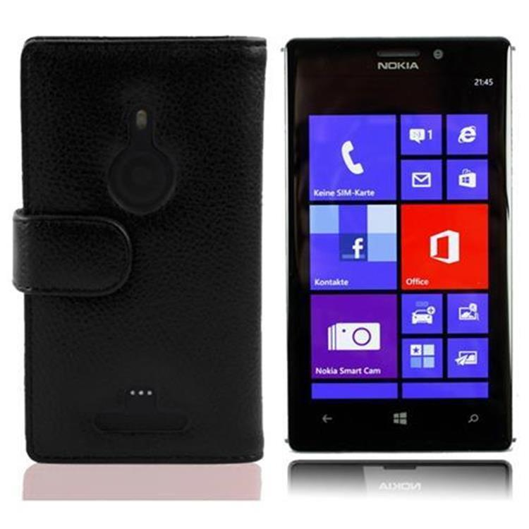 Schwarzes Lederetui neben einem Nokia Smartphone mit bunten Kacheln.