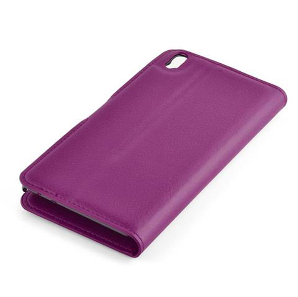 Custodia in pelle viola per smartphone o tablet, su sfondo bianco.