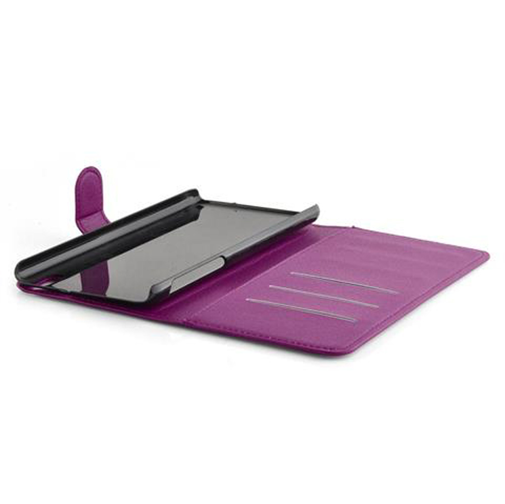 Custodia viola per tablet con slot per carte e supporto, aperta.