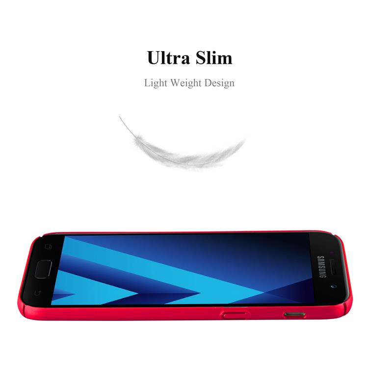 Rotes Smartphone mit blauem Bildschirm, eine Feder darüber.