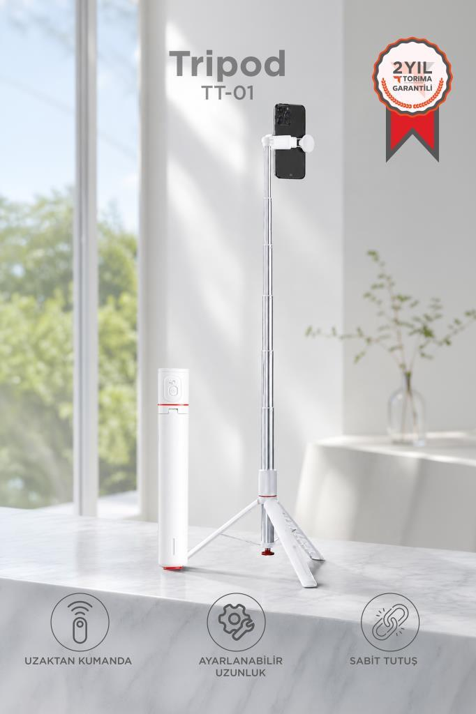 Telefon tutuculu ve uzaktan kumandalı beyaz selfie çubuğu tripod.