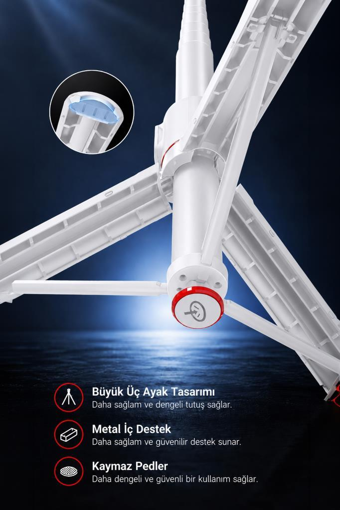 Üç katlanır ayaklı ve kırmızı düğme detaylı beyaz stant.