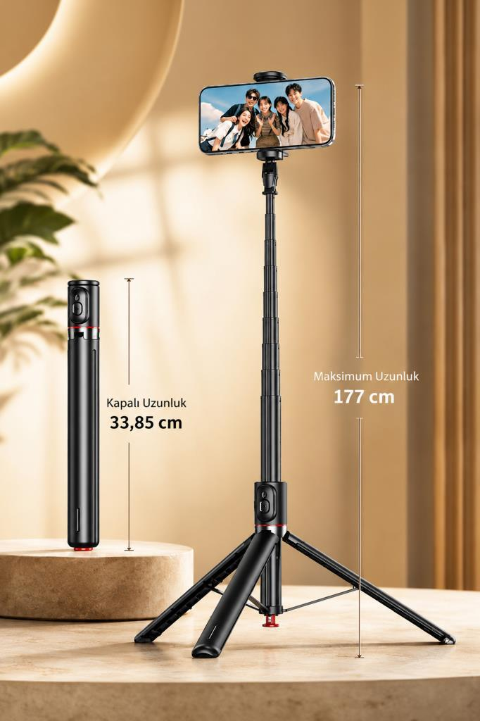 Telefonlu uzatılmış selfie çubuğu ve yan yana katlanmış selfie çubuğu.