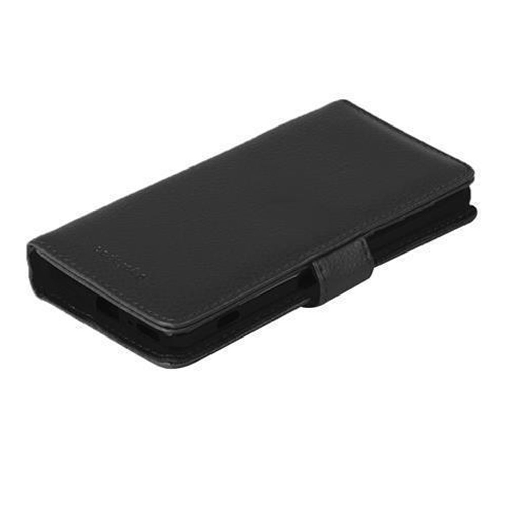 Custodia a libro in pelle nera per smartphone, su sfondo bianco.