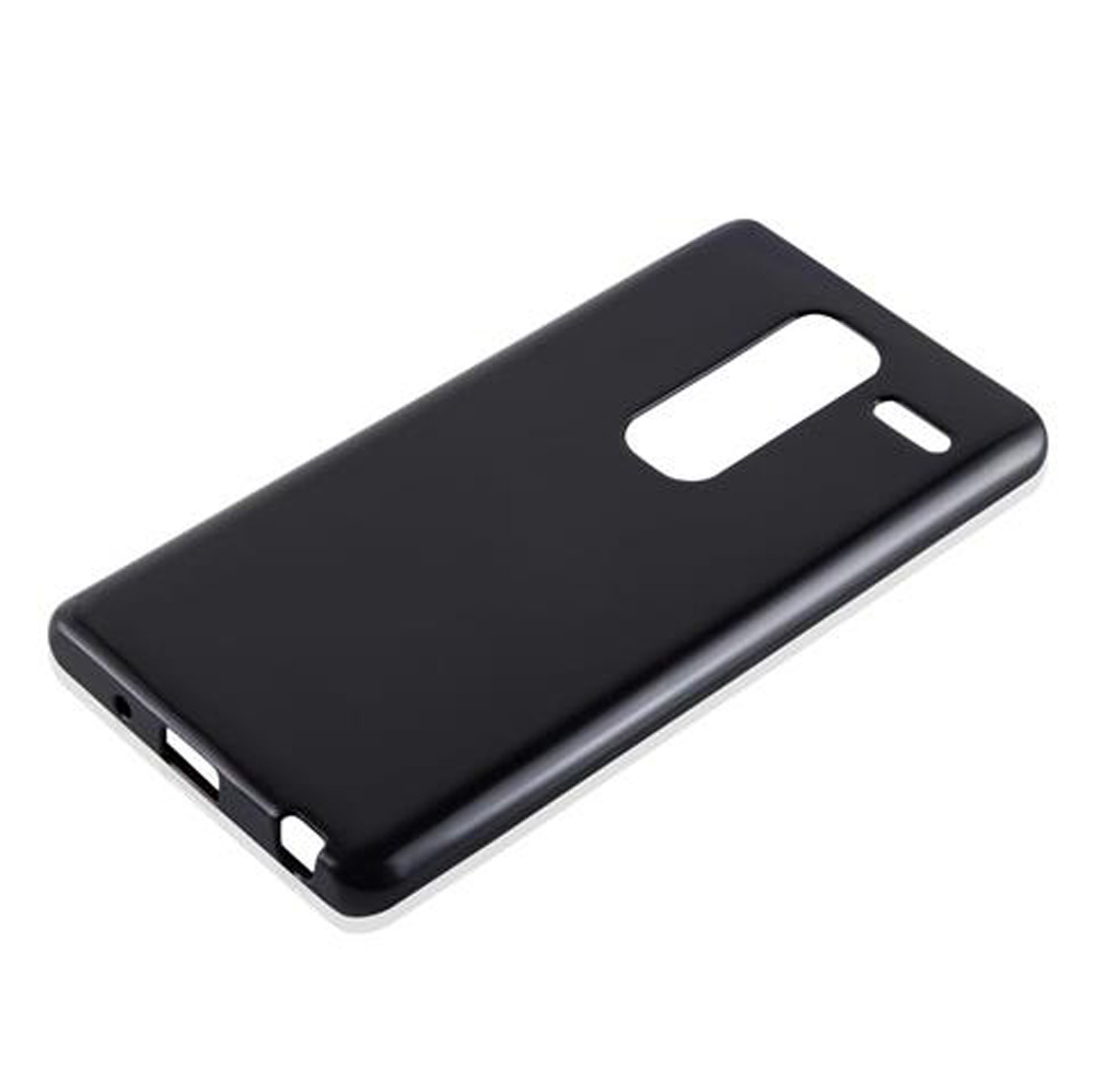 Custodia nera per telefono con ritagli per fotocamera e porte.